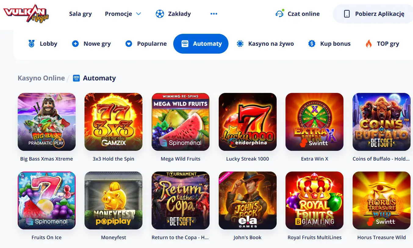 Vulkan Vegas interfejs slotów